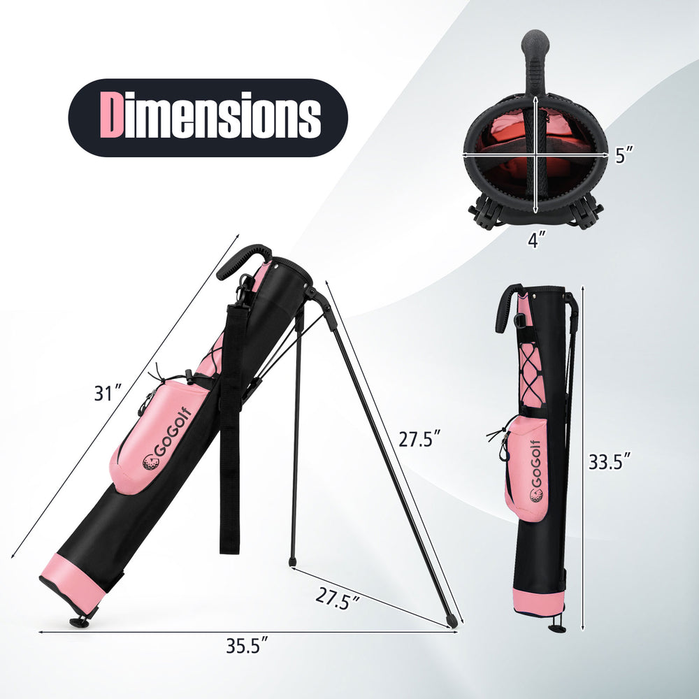 Lightweight pink golf stand bag with press-to-stand base, adjustable strap, and 2-way top divider for easy club storage.