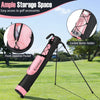Lightweight pink golf stand bag with zipper pocket and corded bottle holder, perfect for driving range use.