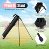 Lightweight pink golf stand bag with press-to-stand base, sturdy legs, and anti-slip foot pads for driving range use.
