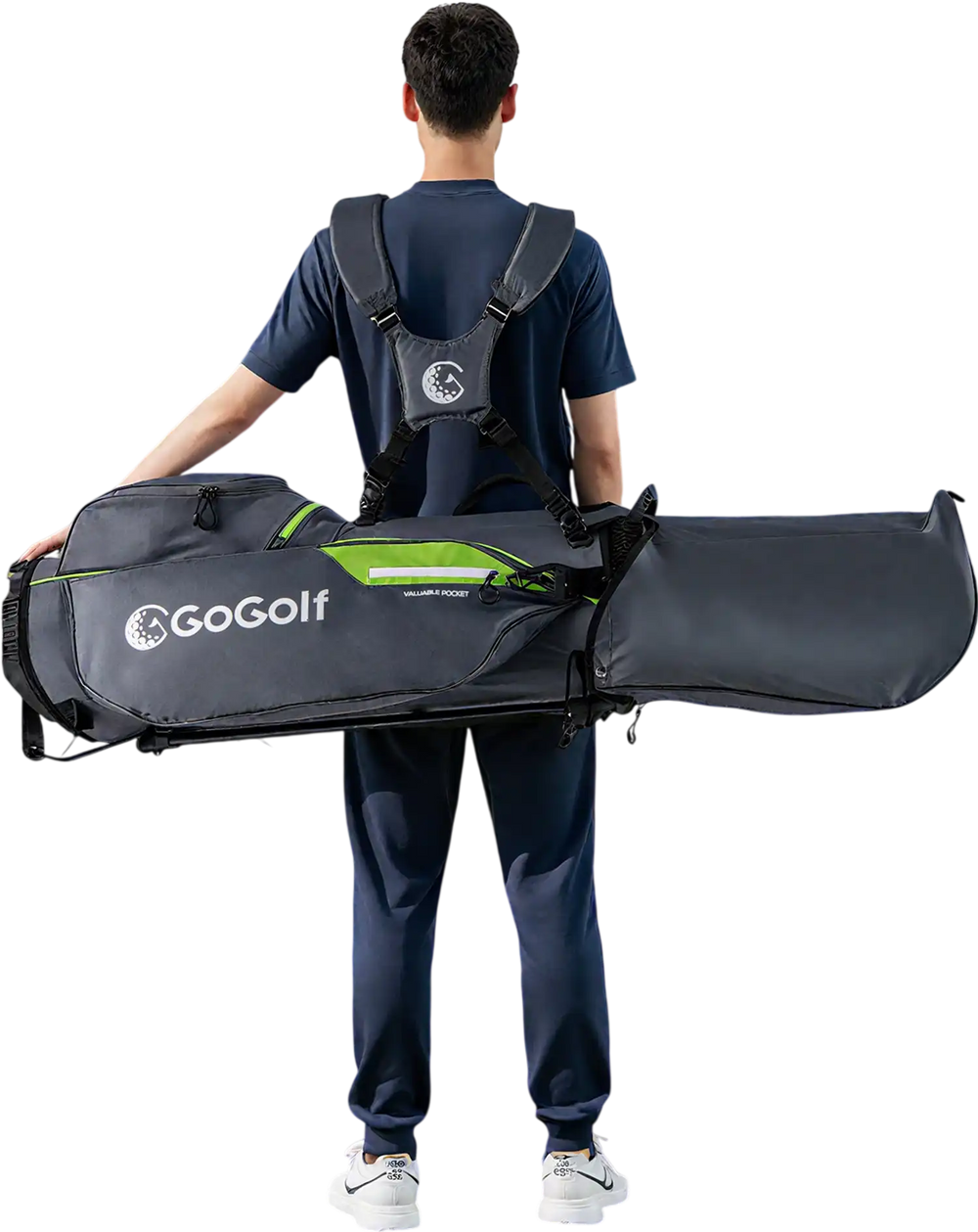 Lightweight gray golf stand bag with 8 top dividers and 5 zippered pockets, designed for easy transport on the course.