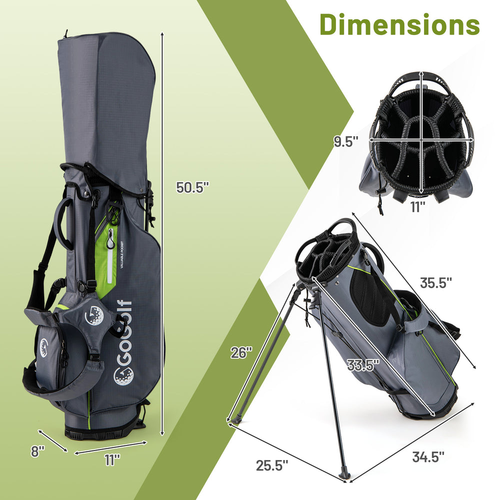 Golf stand bag with 8 way top dividers, 5 zippered pockets, and adjustable straps, ideal for easy club access.