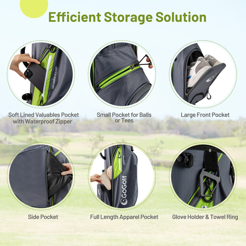 Golf stand bag featuring 5 zippered pockets, adjustable straps, and 8 way top dividers for organized club storage.