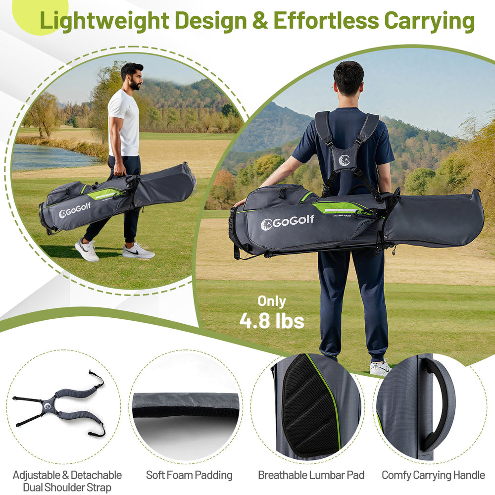 Lightweight gray golf stand bag with 8 way top dividers and 5 zippered pockets, designed for easy carrying and storage.