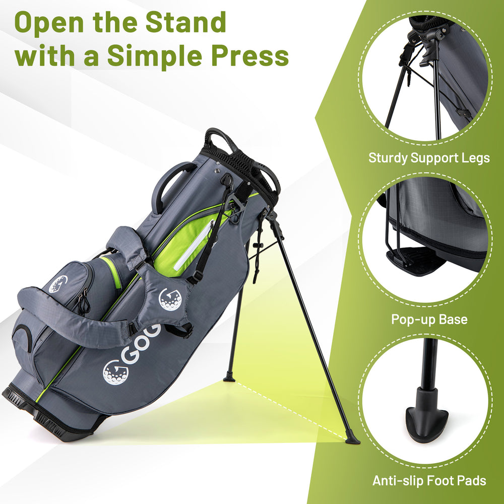 Golf stand bag in gray with sturdy support legs, 8 way top dividers, and 5 zippered pockets for easy access.
