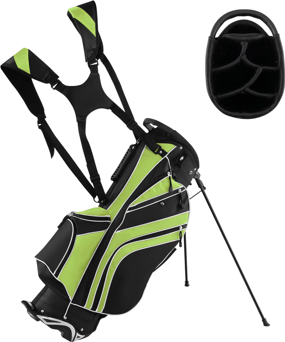 Golf stand cart bag in green with 6-way divider, adjustable straps, and 7 pockets for easy organization and comfort.