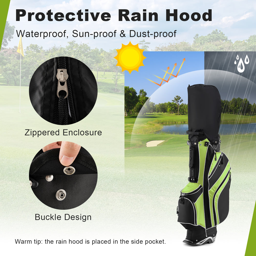 Golf stand cart bag in green with 6-way divider, zippered enclosure, and durable automatic stand for easy carrying.