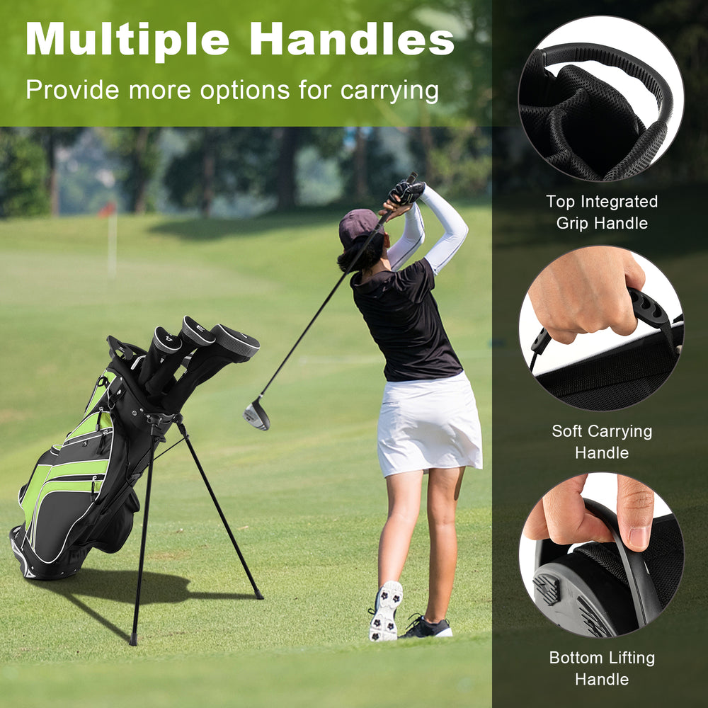 Golf stand cart bag in green with 6-way divider, multiple handles, and 7 pockets for easy carrying and organization.