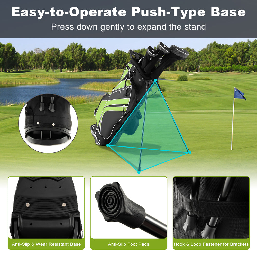 Golf stand cart bag in green with 6-way divider, anti-slip base, and 7 pockets for convenient storage on the course.