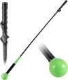 Golf swing trainer aid with weighted green head and ergonomic grip for warming up and improving swing technique.