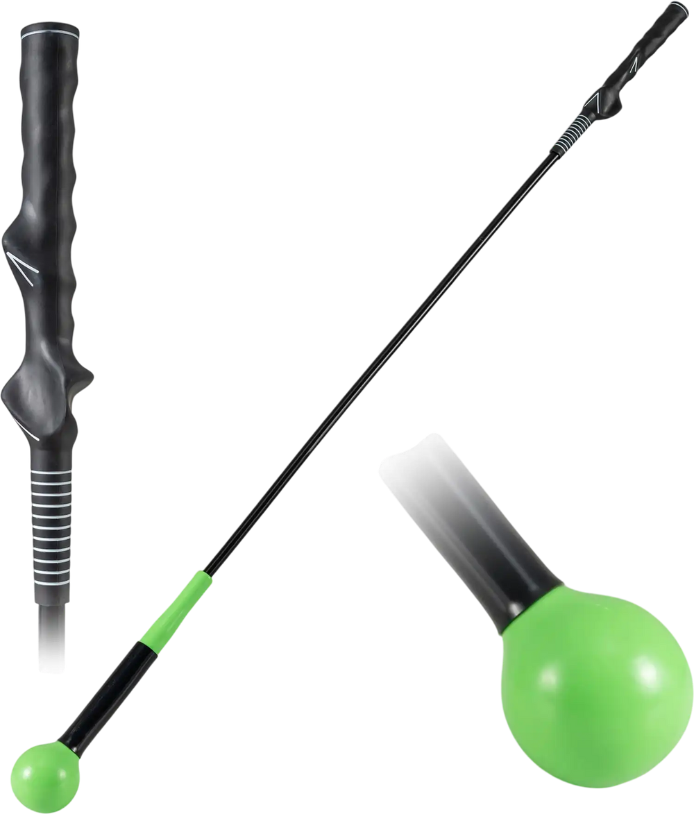 Golf swing trainer aid with weighted green head and ergonomic grip for warming up and improving swing technique.
