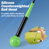 Golf swing trainer aid with a green silicone counterweighted ball head for improved feedback and grip during practice.