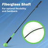 Golf swing trainer aid with a fiberglass shaft and weighted head, designed for optimal flexibility and feedback.