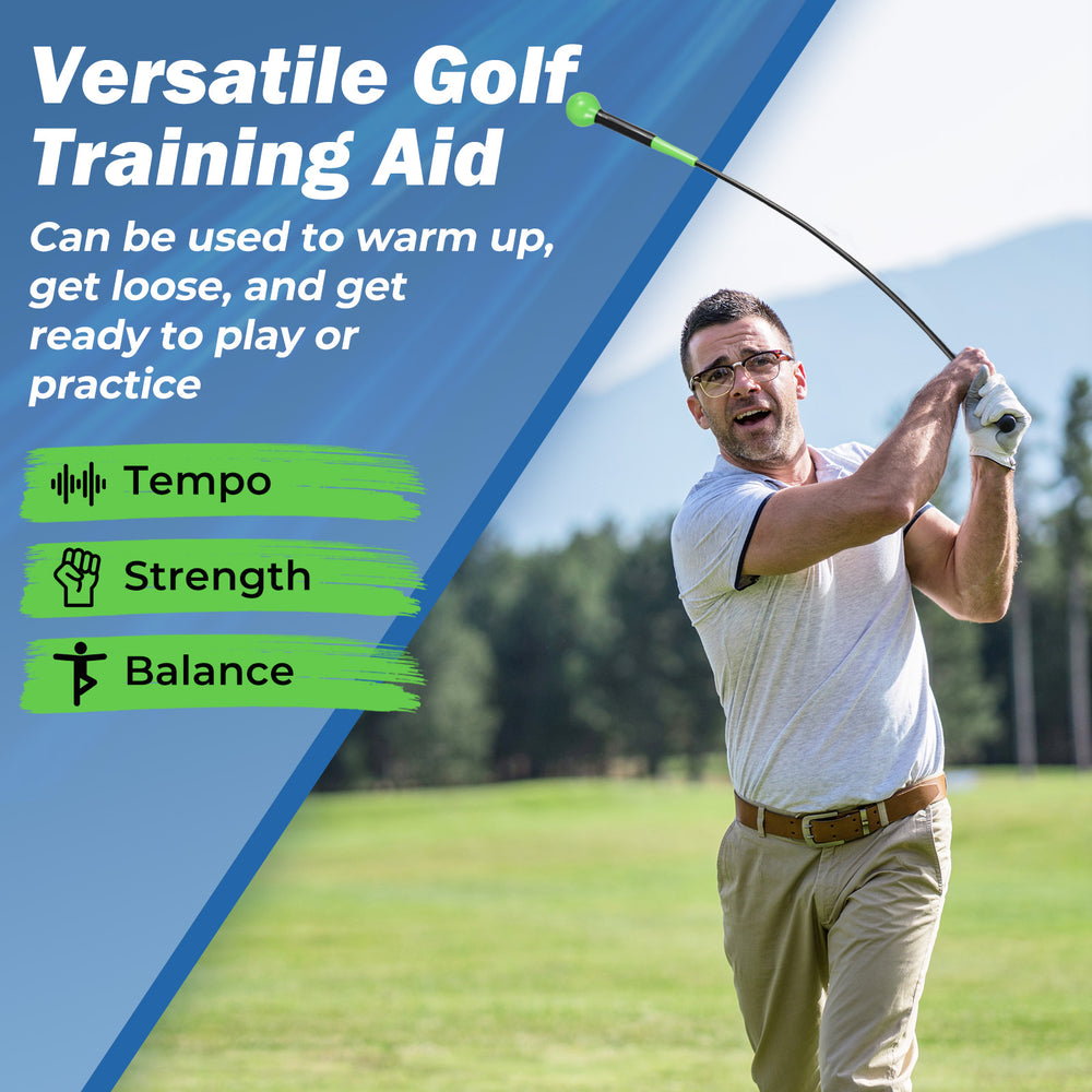 Golf Swing Trainer Aid with weighted head, fiberglass shaft, and ergonomic handle for improving swing tempo and balance.
