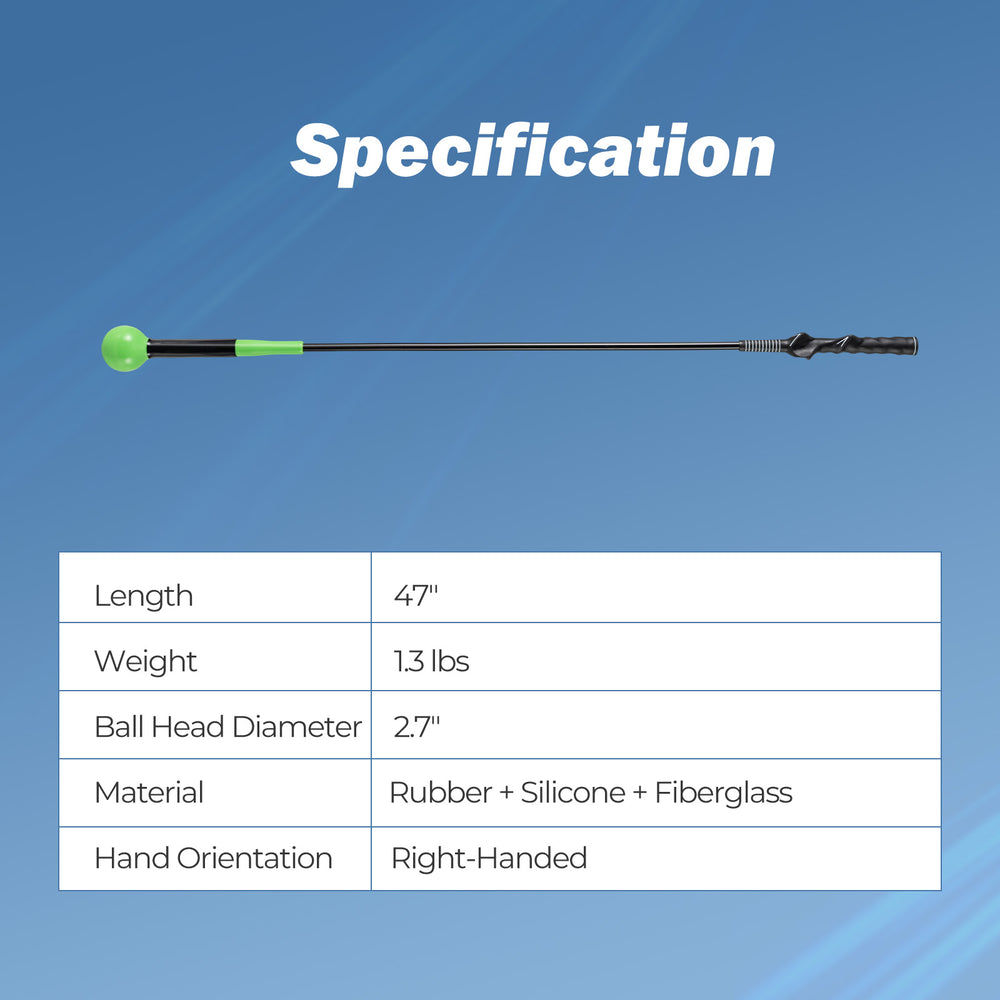Golf swing trainer aid with a 47-inch fiberglass shaft and weighted green head, ideal for right-handed golfers' warm-up.