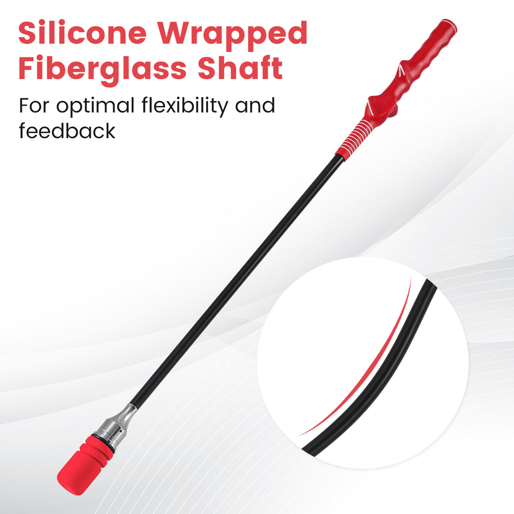 Golf swing trainer with a silicone-wrapped fiberglass shaft for optimal flexibility and sound feedback during practice.