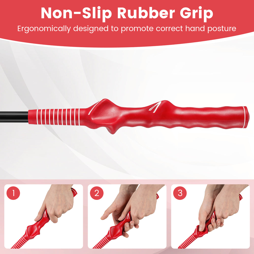 Close-up of the red non-slip rubber grip on the Golf Swing Trainer, designed for ergonomic hand posture and flexibility.