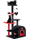 Gothic cat tree with black and red design, featuring a top perch, condo, and interactive toys for playful cats.