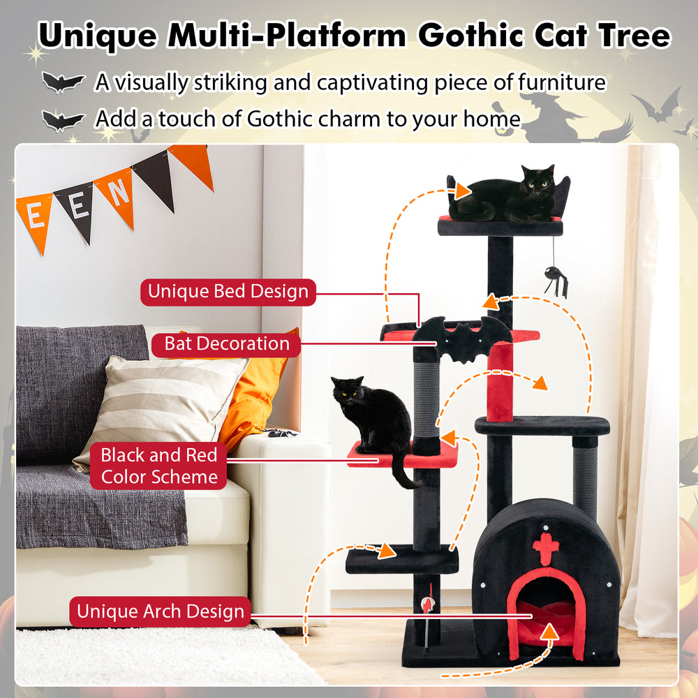 Gothic cat tree with black and red design, featuring a unique arch-shaped condo and spacious top perch for cats.