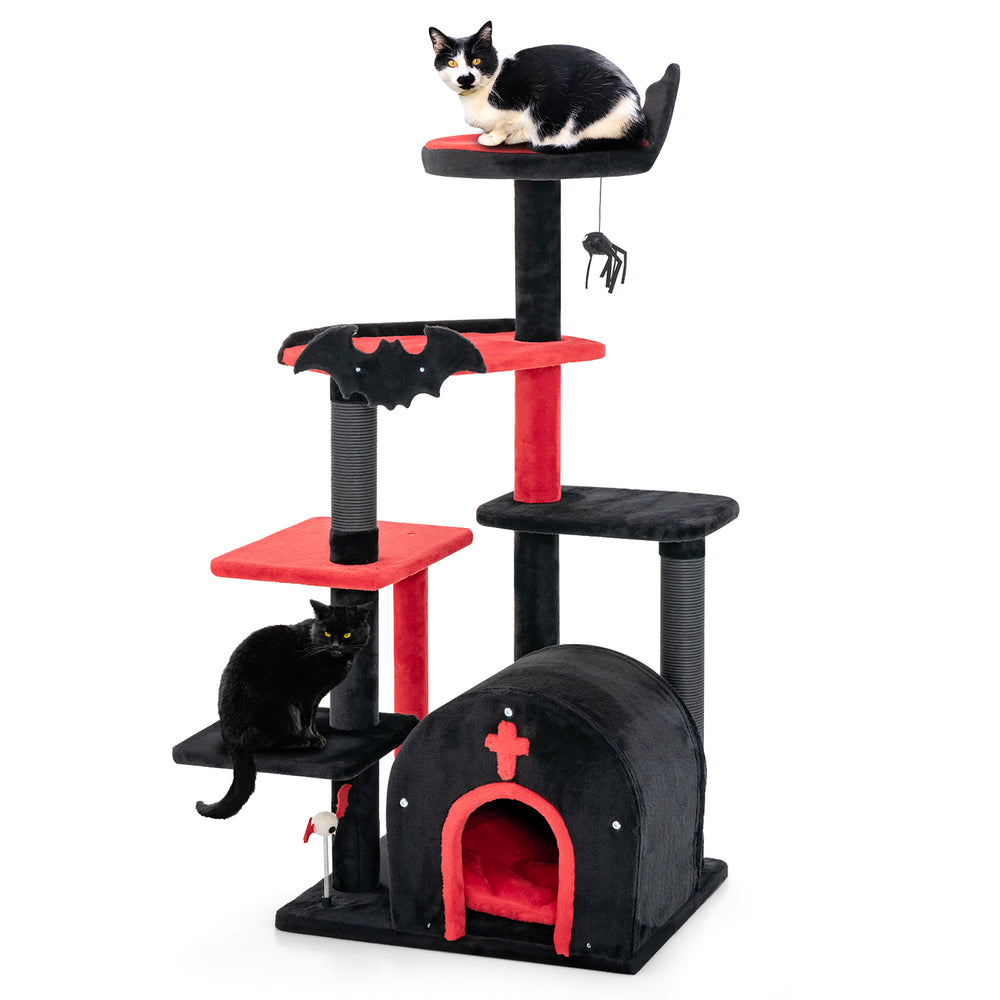 Gothic cat tree with a wide top perch, black and red design, and cozy condo for playful and resting cats.