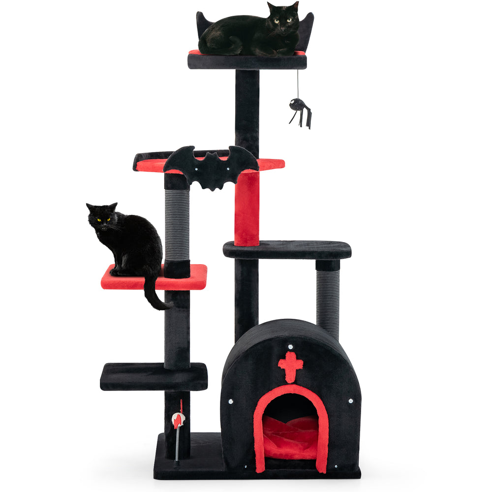 Gothic cat tree with black and red design, featuring a condo, perches, and interactive toys for playful cats.