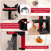 Gothic cat tree with pompom spider ball, interactive bat spring ball, and durable scratching post for playful kittens.