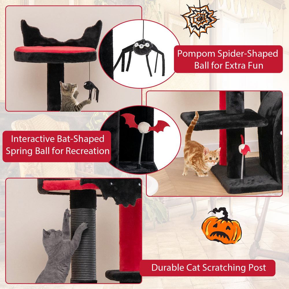 Gothic cat tree with pompom spider ball, interactive bat spring ball, and durable scratching post for playful kittens.