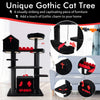Gothic cat tree with coffin bed, 49-inch tall, featuring 6 tiers, plush fabric, and playful pompom balls for cats.