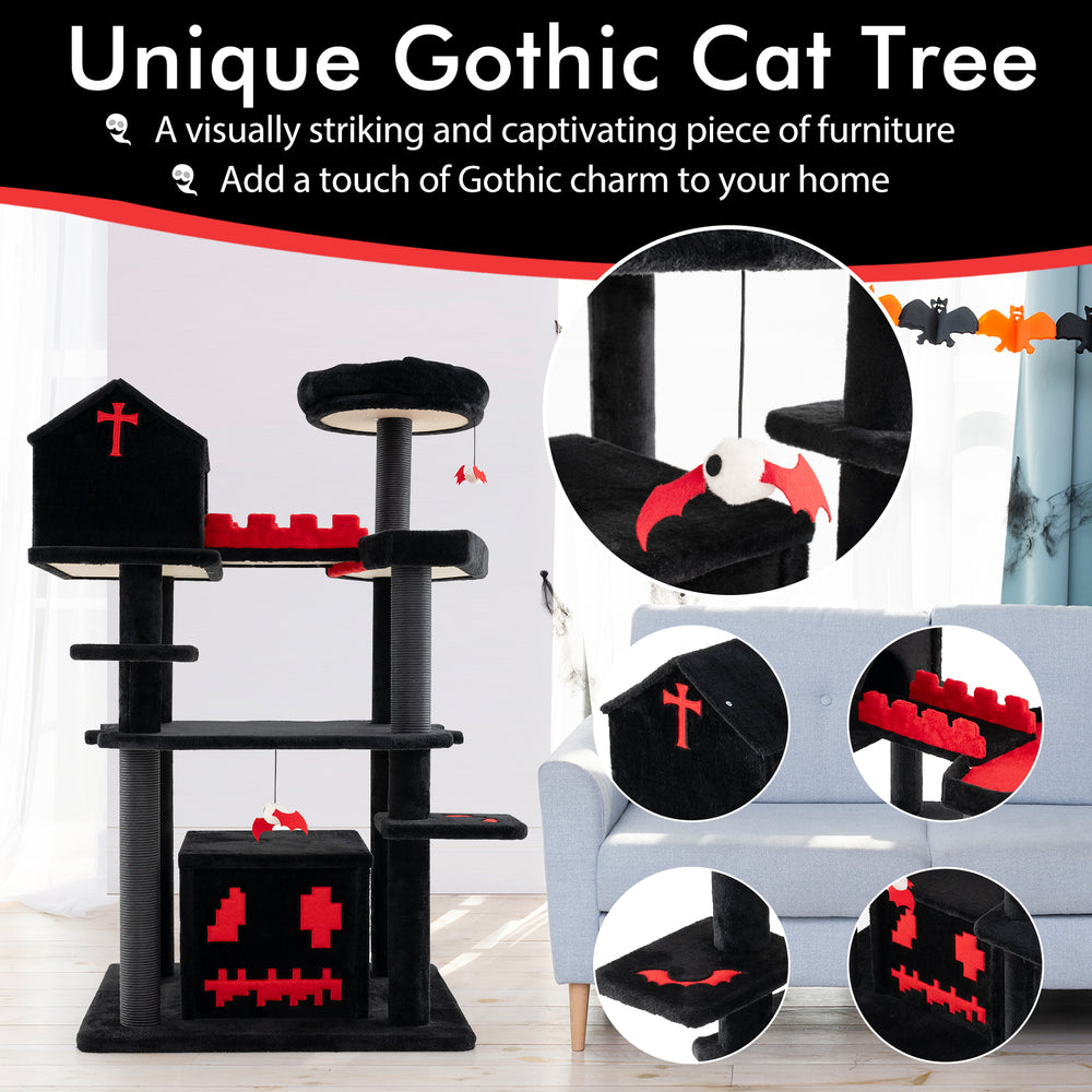 Gothic cat tree with coffin bed, 49-inch tall, featuring 6 tiers, plush fabric, and playful pompom balls for cats.