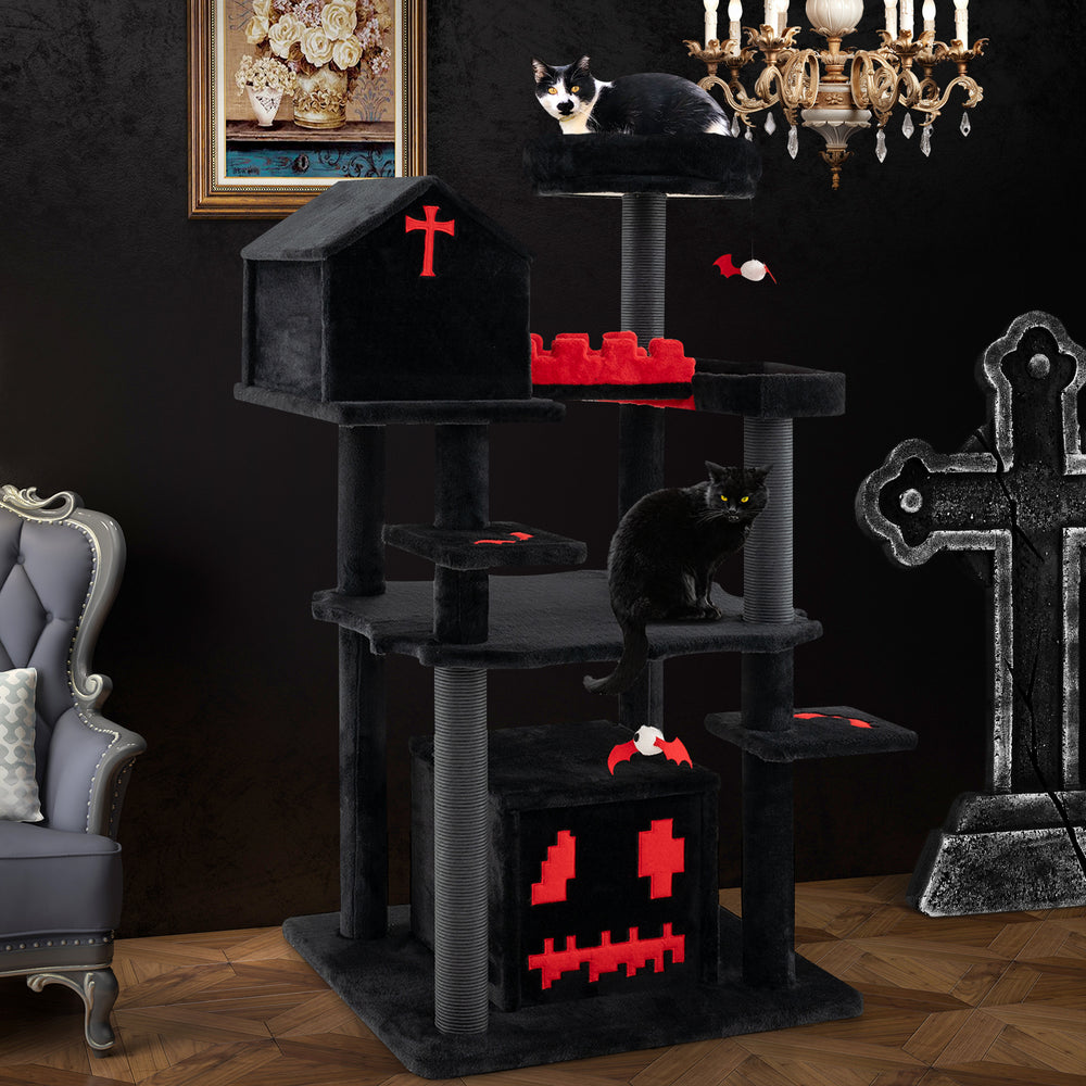 Gothic cat tree with coffin bed, 6 tiers, and plush fabric, perfect for climbing, lounging, and scratching.