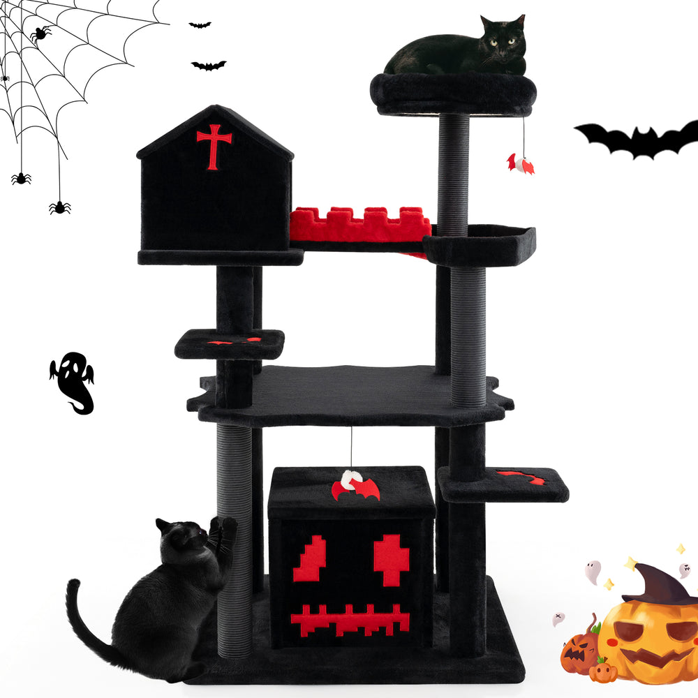 Gothic 49-inch cat tree with coffin bed, 6 tiers, and plush fabric for climbing, lounging, and scratching fun.