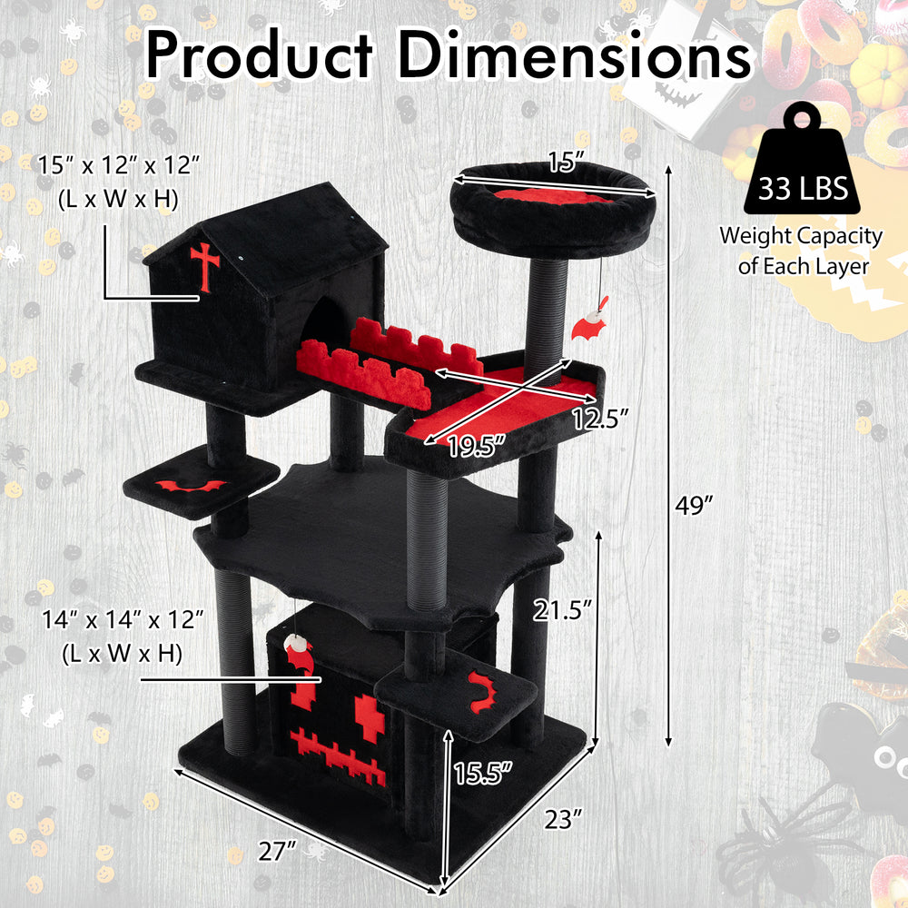 Gothic cat tree with coffin bed, 49 inches tall, featuring 6 tiers, plush fabric, and multiple platforms for climbing.
