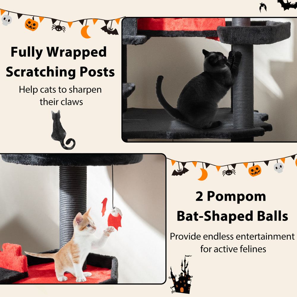 Gothic cat tree with scratching posts and pompom bat-shaped balls for multi-layer fun and feline entertainment.