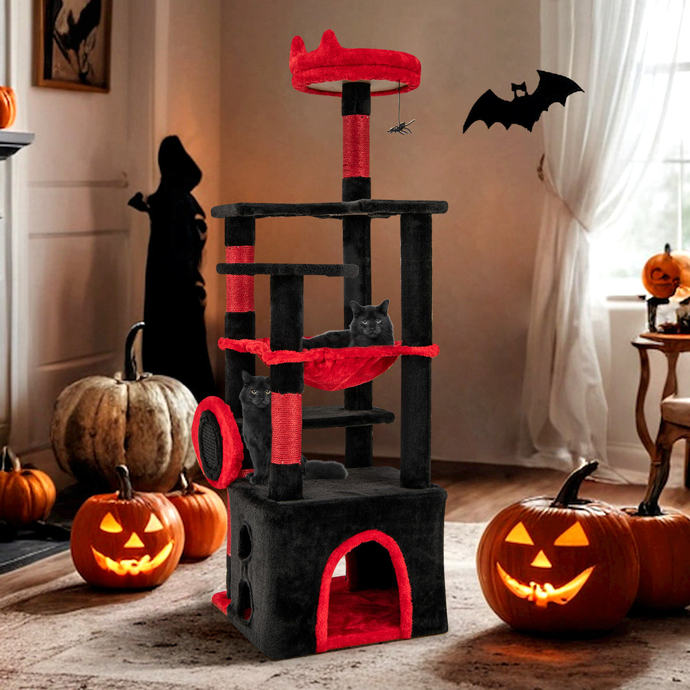 Gothic cat tree in black and red with plush perch, hammock, and dangling spider toy for feline play and relaxation.