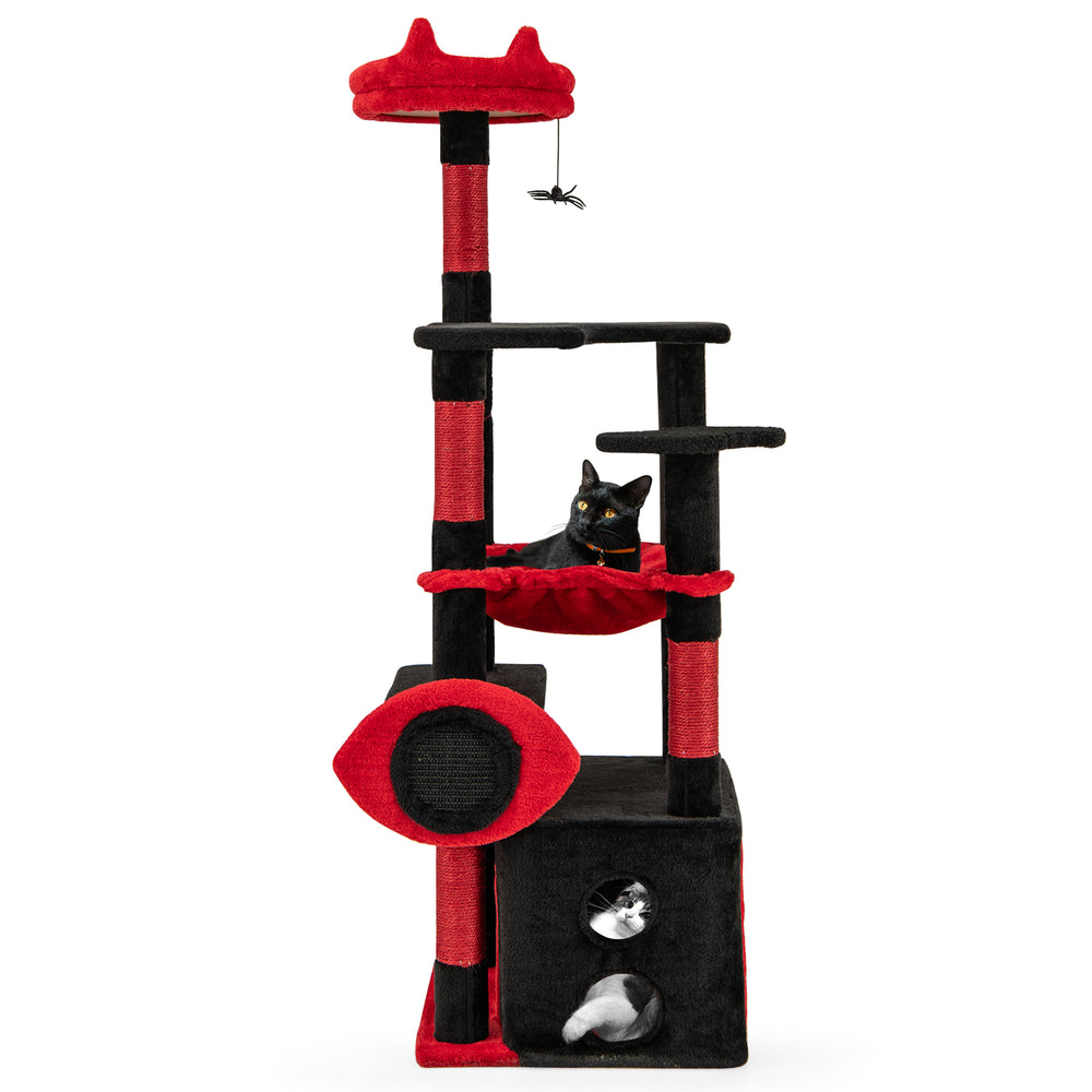 Gothic cat tree in black and red showcasing a cozy condo with entryway and bat-shaped platforms for playful relaxation.