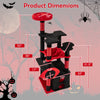 Gothic cat tree in black and red with dimensions, featuring plush perch, hammock, and sisal scratching posts.