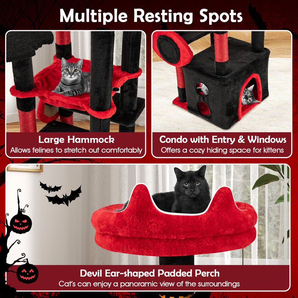 Gothic cat tree featuring a devil ear-shaped padded perch, large hammock, and cozy condo for playful kittens.