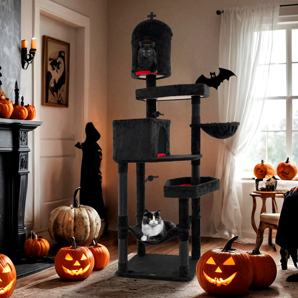 Gothic cat tree in black with two condos, coffin beds, and bat-shaped toys, perfect for indoor cats' play and rest.