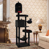 Gothic cat tree in black featuring two condos, coffin beds, and a hammock for indoor cats' comfort and play.