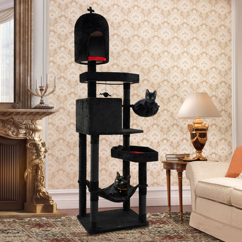 Gothic cat tree in black featuring two condos, coffin beds, and a hammock for indoor cats' comfort and play.