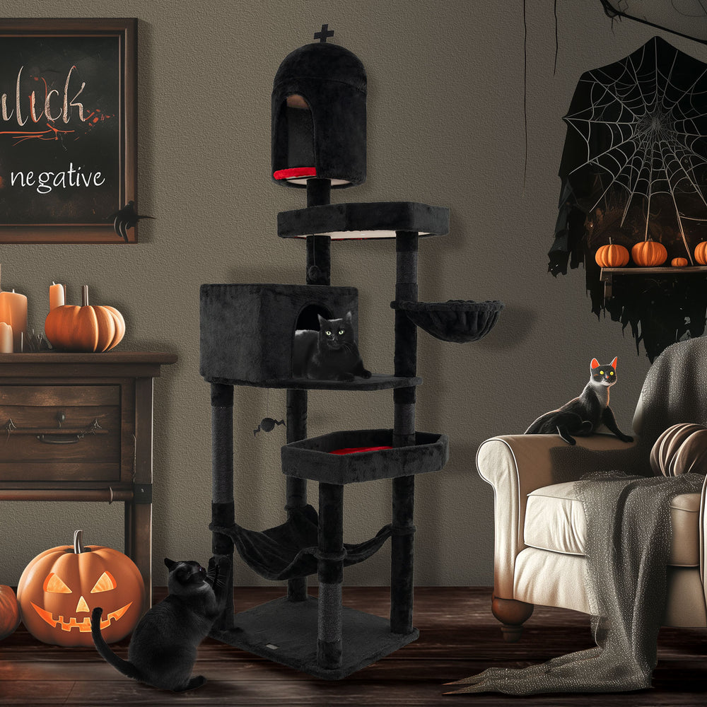 Gothic cat tree in black with two condos, coffin beds, and scratching posts for indoor cats' comfort and play.