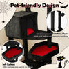 Gothic cat tree featuring two spacious condos, coffin beds, and sisal-wrapped scratching posts for indoor cats.