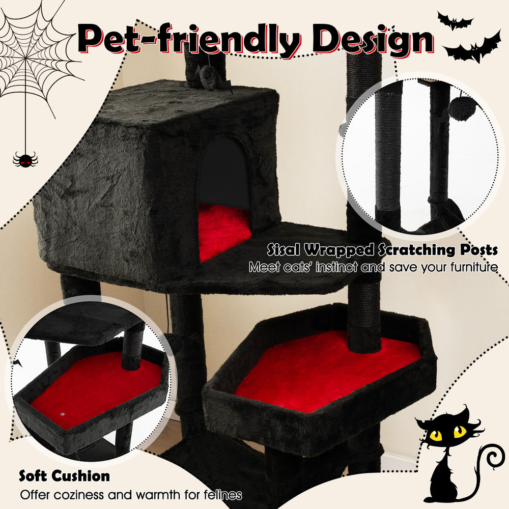 Gothic cat tree featuring two spacious condos, coffin beds, and sisal-wrapped scratching posts for indoor cats.