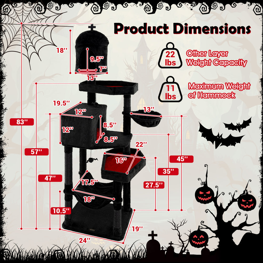 Gothic cat tree dimensions with two condos, coffin beds, and hammock for indoor cats, designed for stability and.