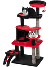 Gothic cat tree in black and red featuring a cozy cat bed, hideaway condo, and sisal scratching posts for playful cats.