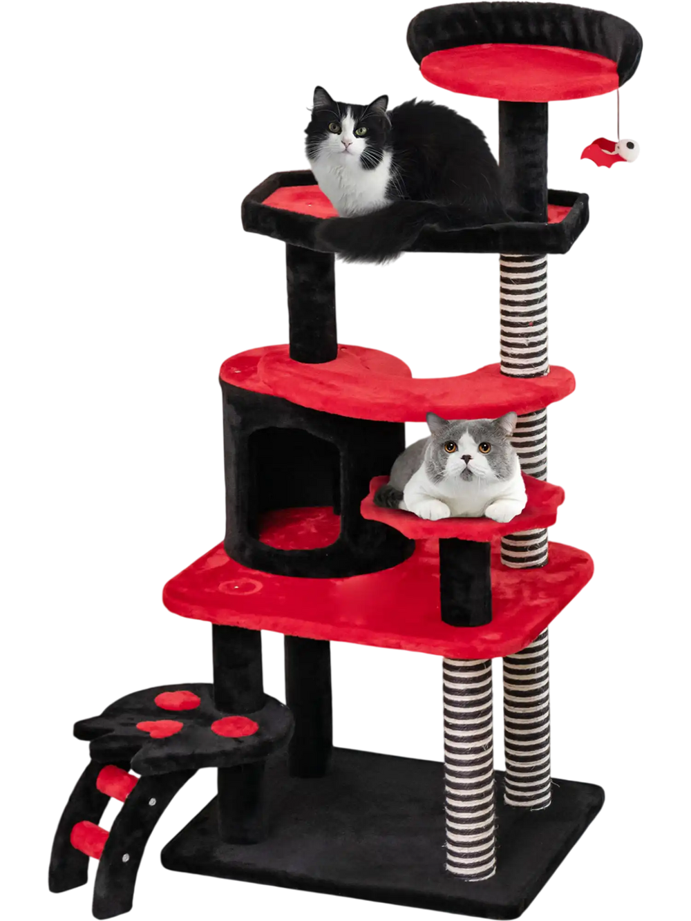 Gothic cat tree in black and red featuring a cozy cat bed, hideaway condo, and sisal scratching posts for playful cats.