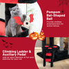 Gothic cat tree in black and red featuring a climbing ladder, cat bed, and pompom bat-shaped ball for feline fun.