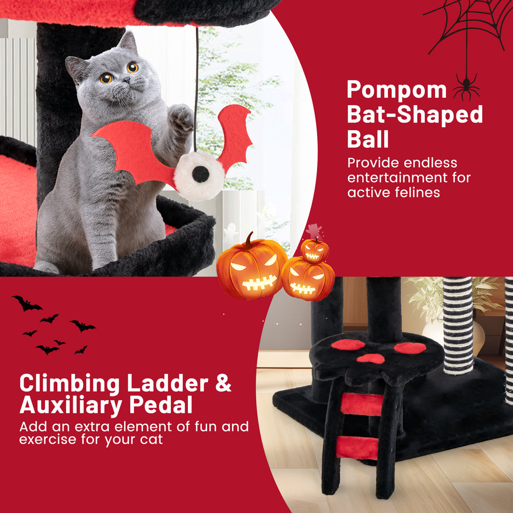 Gothic cat tree in black and red featuring a climbing ladder, cat bed, and pompom bat-shaped ball for feline fun.