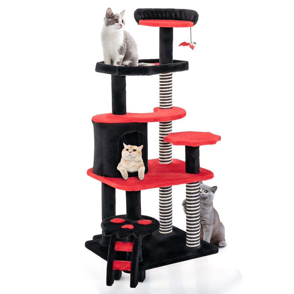Gothic cat tree in black and red with multiple levels, scratching posts, and a cozy cat bed for playful kittens.