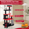 Gothic cat tree in black and red featuring a unique bed design, sisal scratching posts, and a spacious hideaway condo.