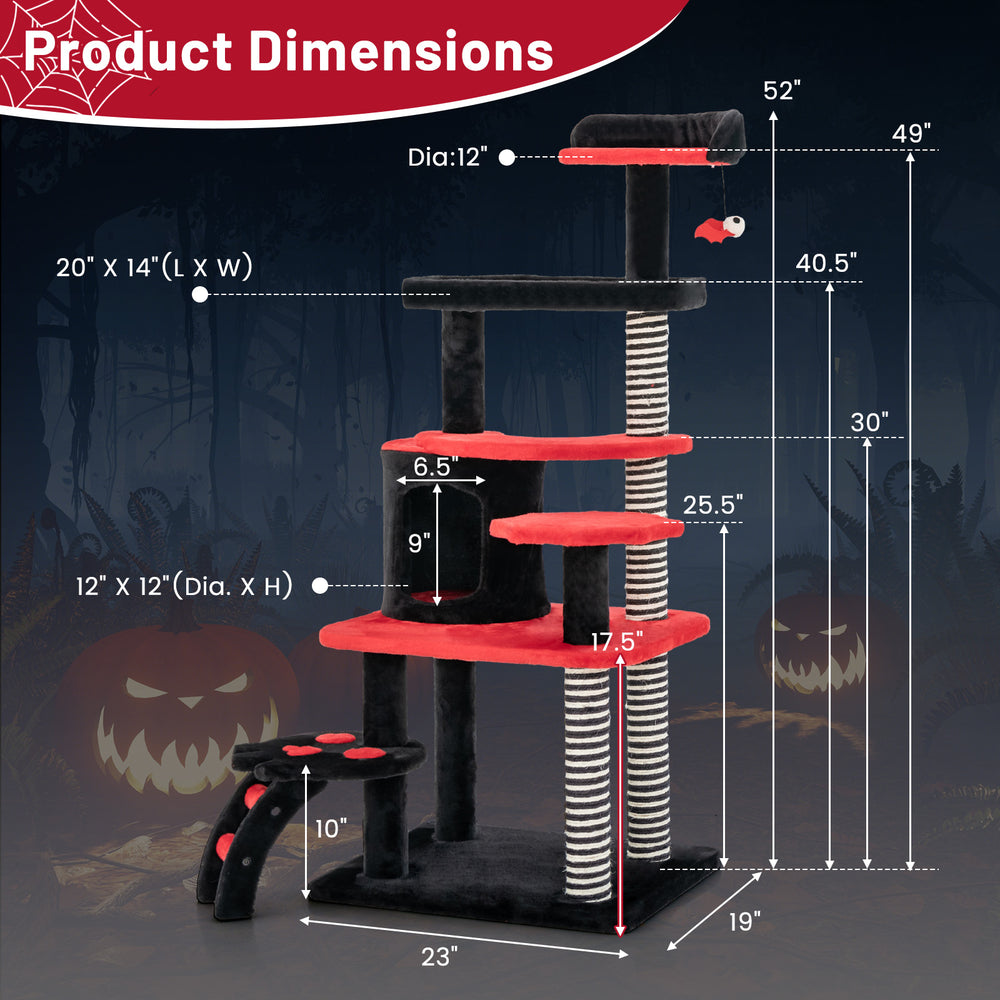 Gothic cat tree with black and red design, featuring a cat bed, condo, and sisal scratching posts for playful cats.